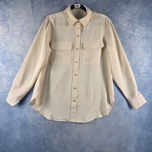 LOFT Womens Cream Ivory Long Sleeve Button Down Utility Blouse Shirt Size S